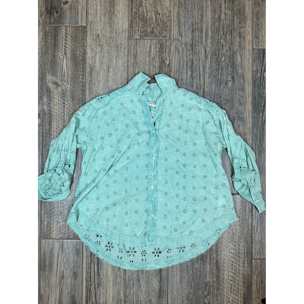We The Free Top, Mae Eyelet Embroidered Button Down Shirt, Turquoise, Large